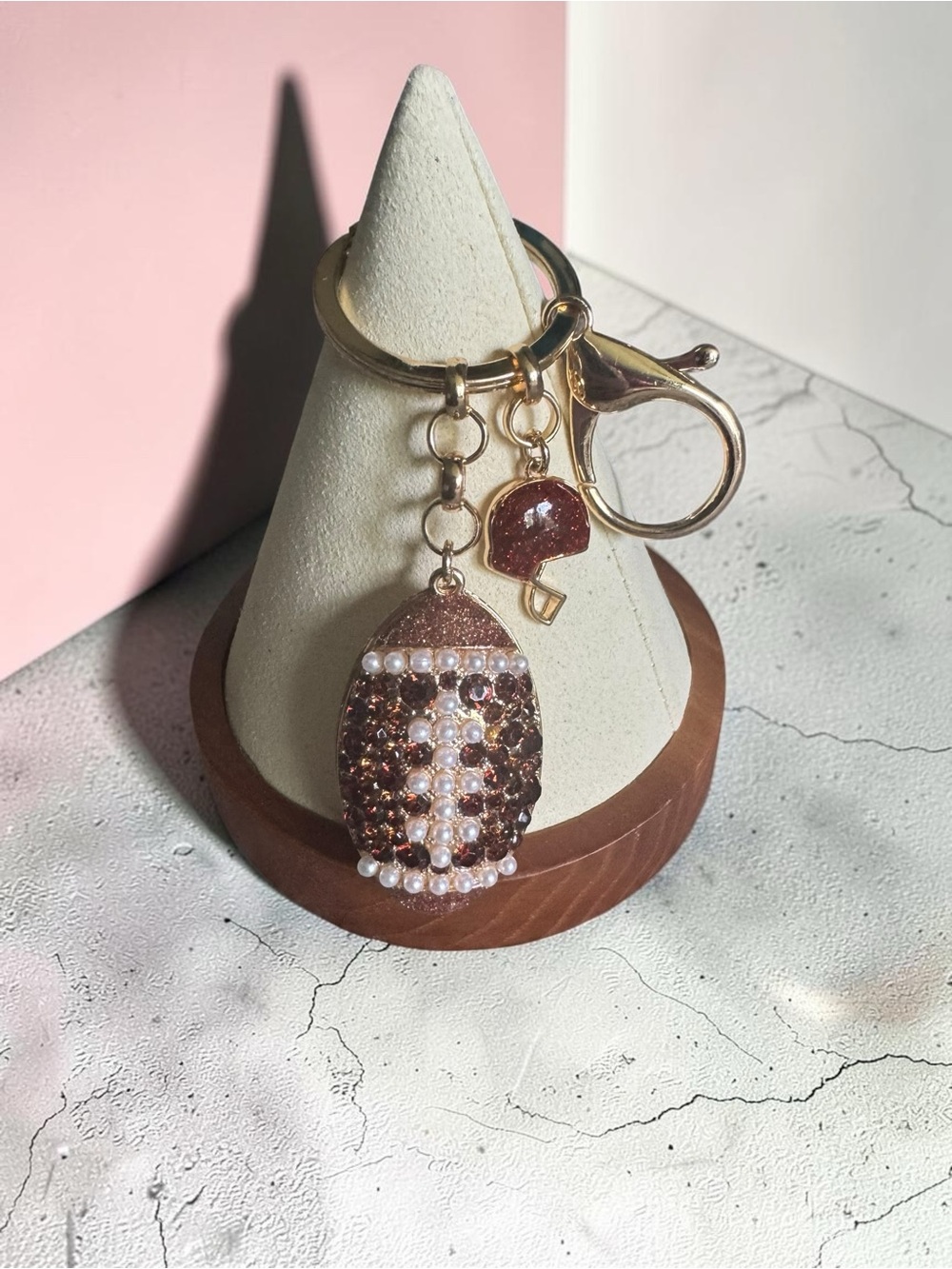 Handcrafted Brown Beaded Football Keychain with Pearl Accents NIP
